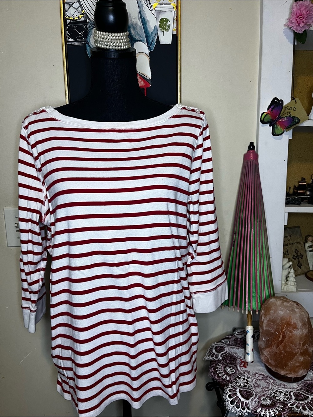 Jones New York Red & White Striped Boatneck Long-Sleeve Top